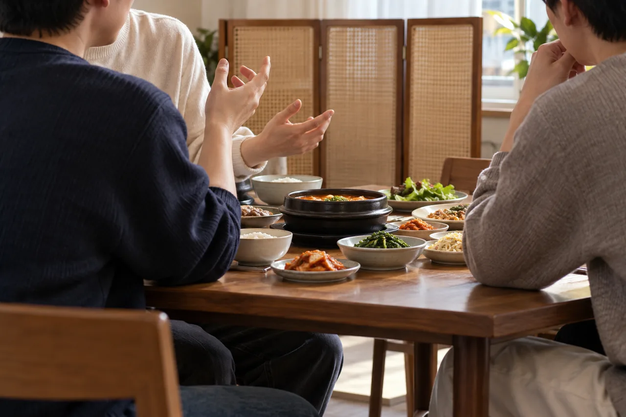 얼굴이 보이지 않는 성인 세 명이 밥과 찌개, 반찬이 놓인 나무 식탁에 둘러앉아 손짓하며 대화한다. 뒤에는 접이식 가림막이 있다.