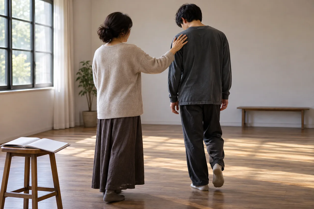 햇빛이 드는 방에서 뒷모습의 성인 두 명이 함께 걸으며, 여성이 남성의 어깨에 손을 얹고 있다. 나무 의자에는 펼친 빈 책이 놓여 있다.