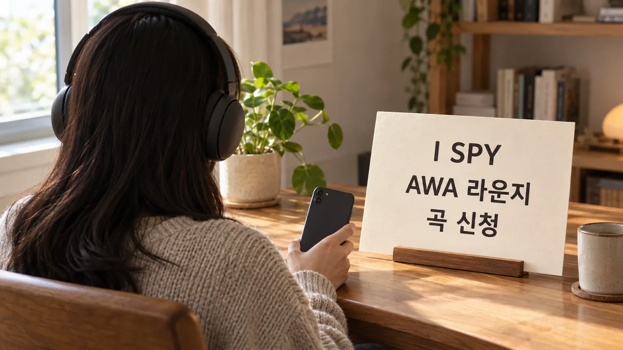 햇빛이 드는 나무 탁자 위 안내 카드 옆에서 뒷모습만 보이는 성인이 헤드폰을 쓰고 화면이 보이지 않는 휴대전화를 들고 있다.
