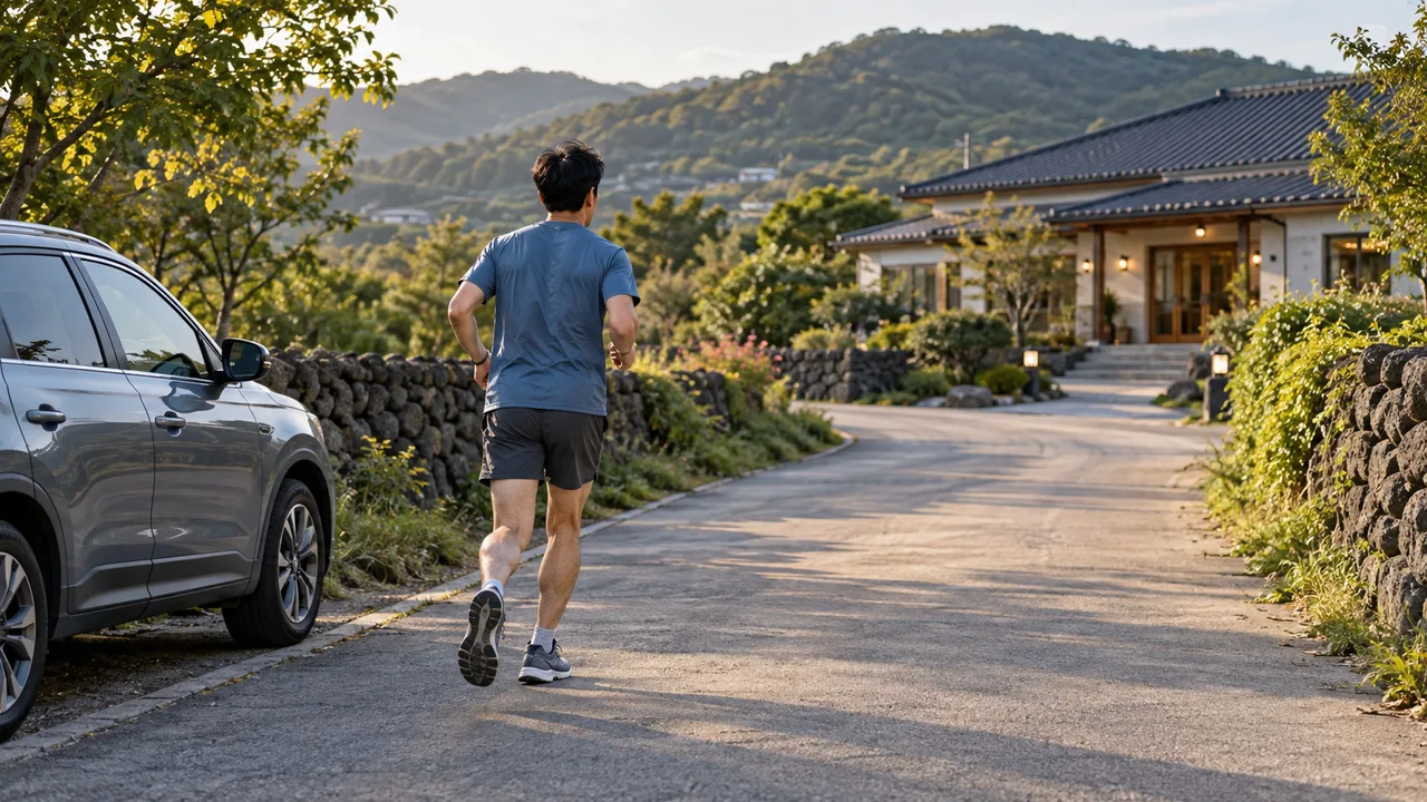 운동복을 입은 뒷모습의 성인이 주차된 회색 차 옆을 지나 낮은 건물 쪽으로 달린다.