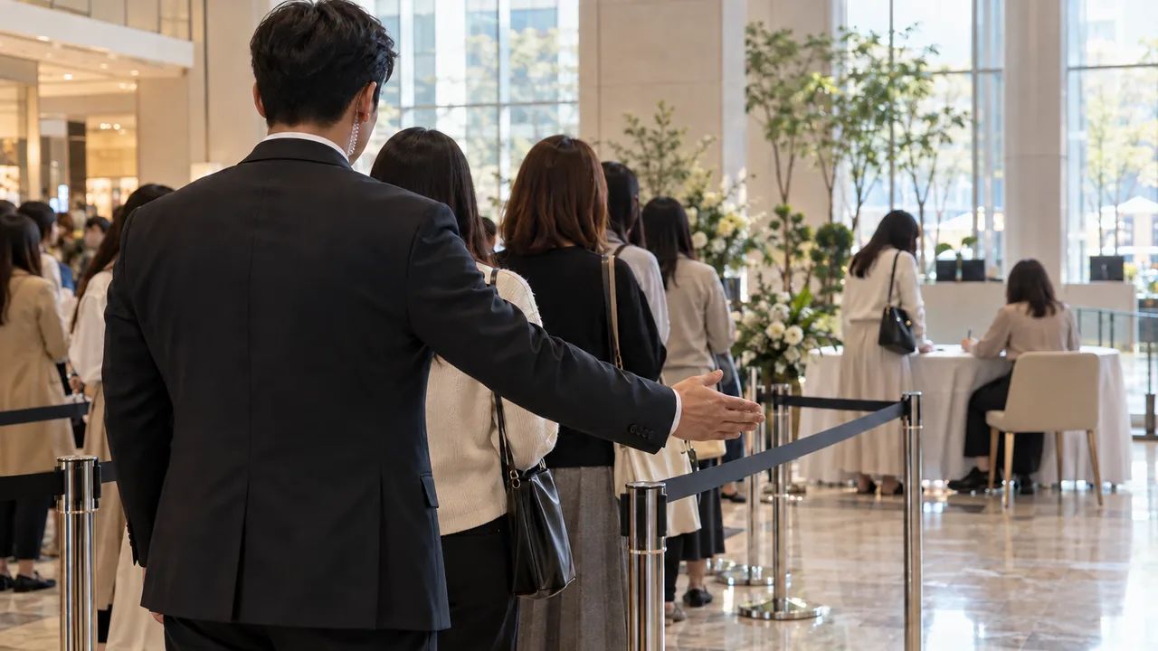 밝은 실내 공간에서 뒷모습의 정장 차림 성인이 대기 줄을 안내하고, 줄 끝의 테이블에서는 앉은 성인이 글을 쓰고 있다.