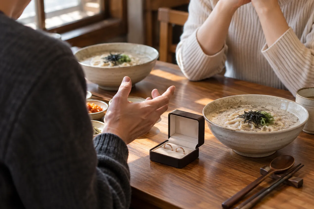 국수 두 그릇과 반지가 든 상자를 사이에 두고 식탁에서 대화하는 익명의 성인들