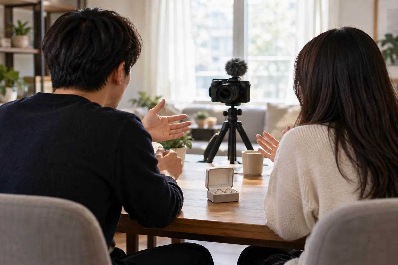 창가의 나무 탁자에서 뒷모습만 보이는 성인 두 명이 손짓하며 대화하고, 앞에는 삼각대 카메라와 반지 두 개가 든 열린 상자가 놓여 있다.