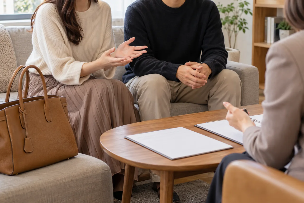 얼굴이 보이지 않는 성인 두 명이 소파에서 상담자와 마주 앉아 대화하고, 앞쪽에는 큰 갈색 가죽 가방과 서류판이 놓여 있다.