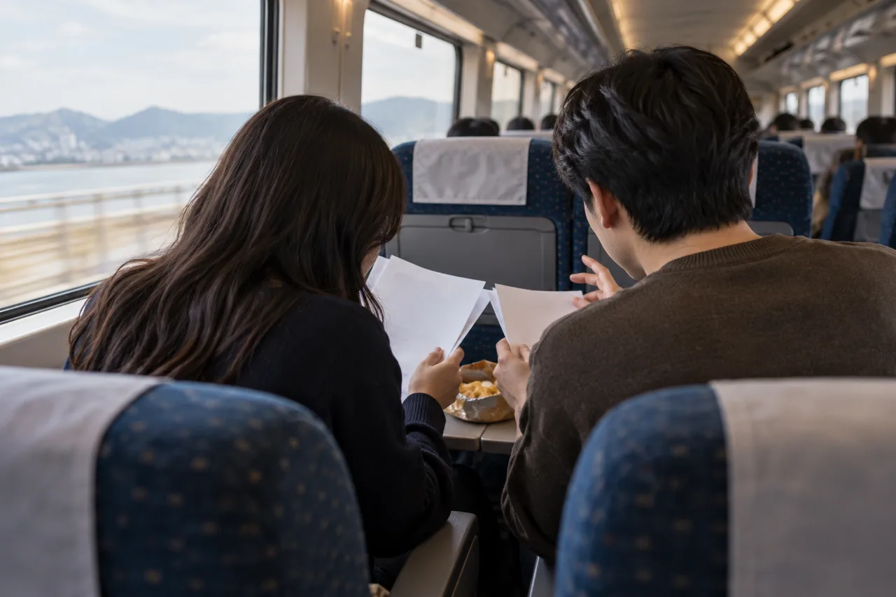 열차 좌석에 앉은 성인 두 명이 종이를 함께 살펴보고 있으며, 탁자에는 간식이 놓여 있다.