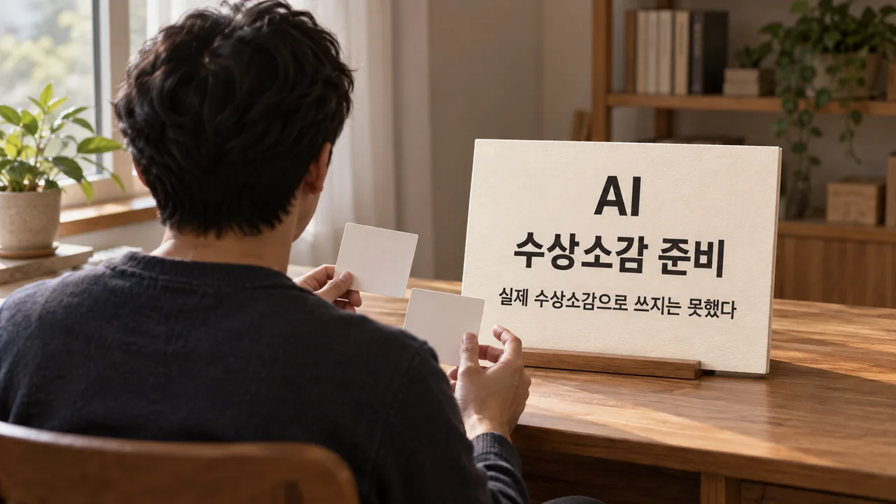 뒷모습만 보이는 성인이 나무 탁자에서 빈 카드 두 장을 들고 있으며, 옆에 크림색 편집용 정보 카드가 세워져 있다.