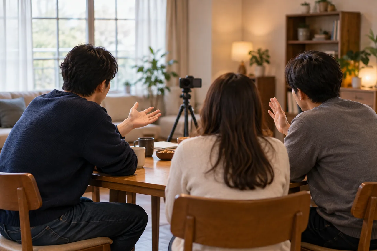 따뜻한 실내에서 뒷모습으로 보이는 성인 세 명이 나무 탁자에 앉아 있고, 양쪽 인물이 손짓하며 대화한다. 앞에는 삼각대에 놓인 카메라가 있다.