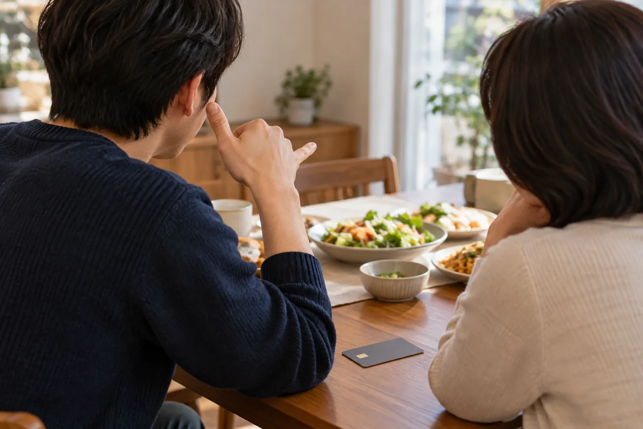 음식이 놓인 나무 식탁에서 뒷모습의 성인 두 명이 마주 앉아 있고, 한 사람이 손짓하는 가운데 식탁 위에 어두운 결제 카드가 놓여 있다.