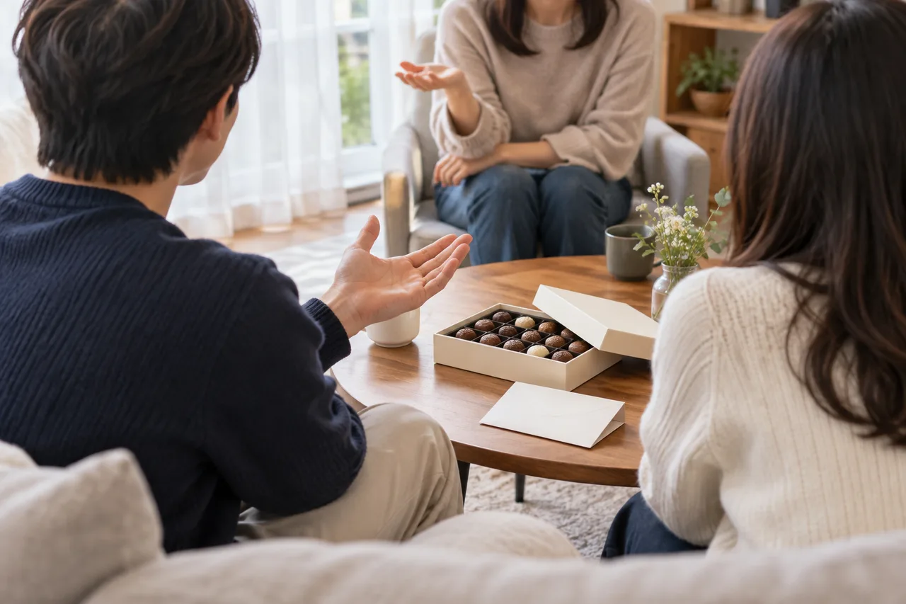 밝은 실내에서 얼굴이 드러나지 않은 성인 세 명이 나무 탁자를 사이에 두고 대화하며, 탁자 위에는 열린 초콜릿 상자와 봉투가 놓여 있다.