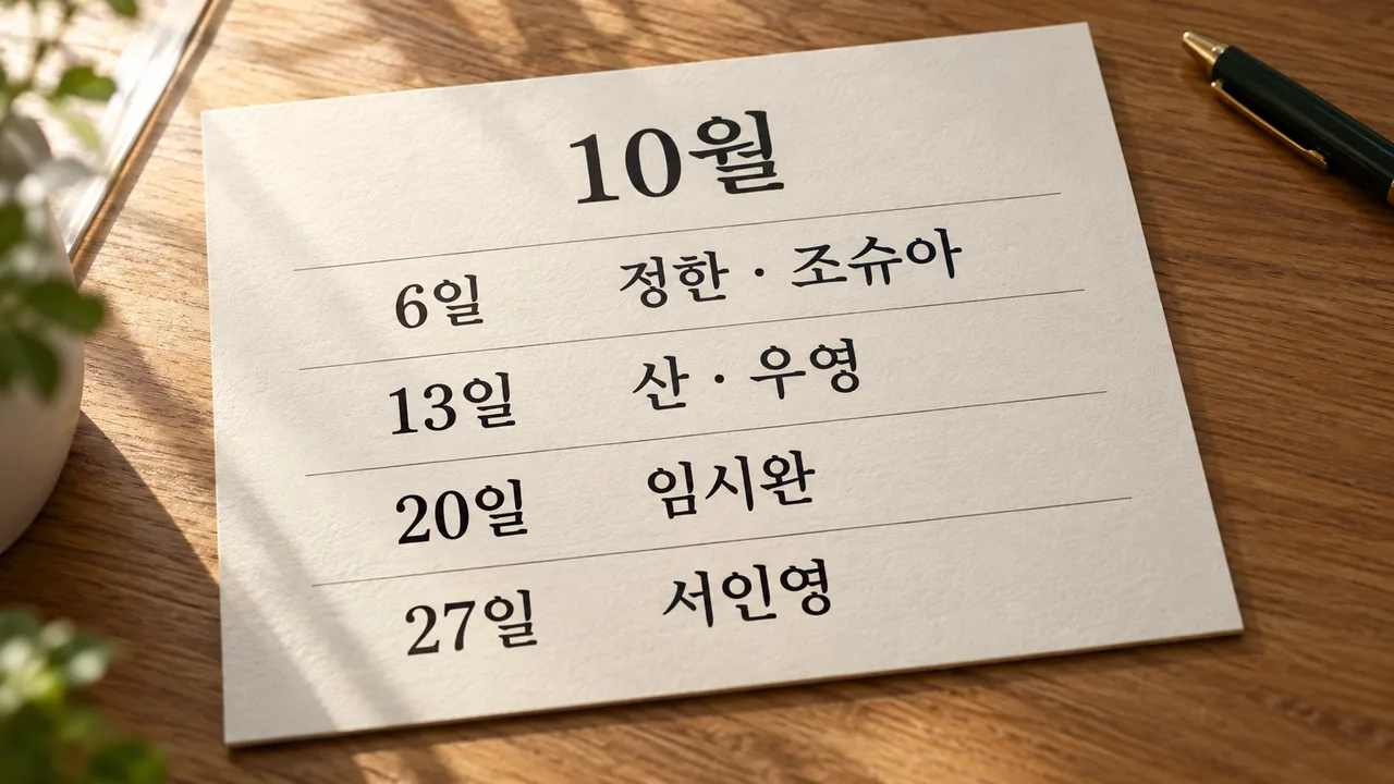 햇빛이 드는 나무 책상 위에 10월 일정 네 줄이 인쇄된 종이가 놓여 있고, 옆에 펜과 흐릿한 식물이 보인다.