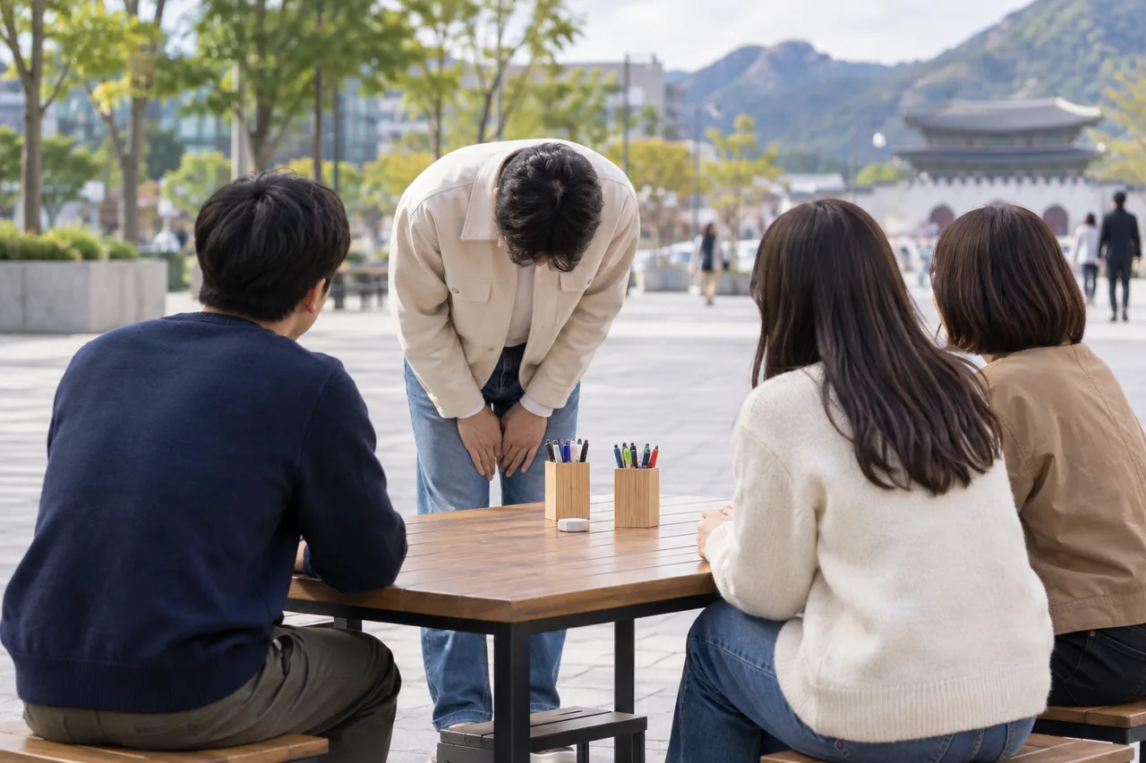 야외 나무 탁자 앞에서 뒷모습의 성인이 앉아 있는 세 사람에게 고개를 숙이고 있다. 탁자에는 볼펜 상자와 작은 지우개가 있고 뒤로 전통식 문이 보인다.