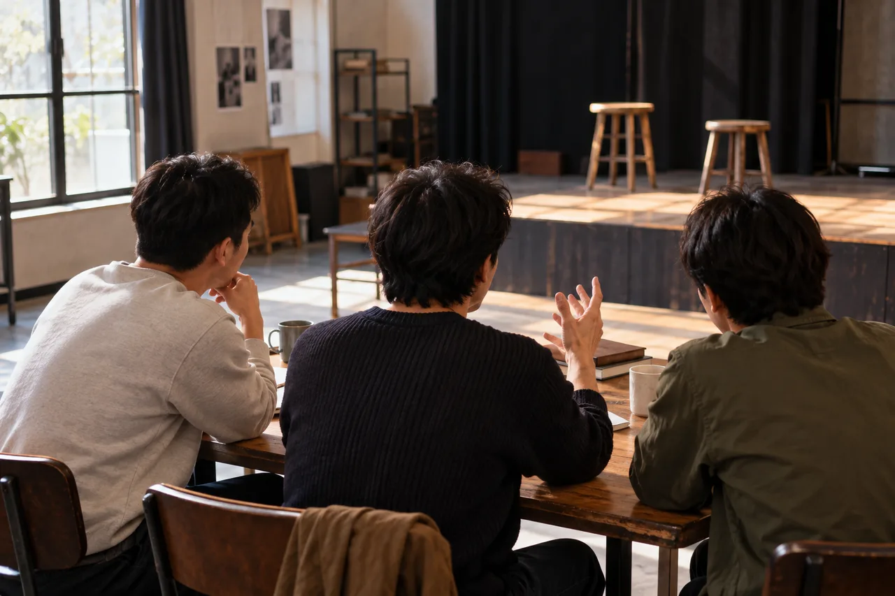 세 성인이 뒷모습으로 나무 탁자에 앉아 대화하고, 한 사람이 손짓한다. 앞쪽에는 의자 두 개가 놓인 작은 무대가 보인다.