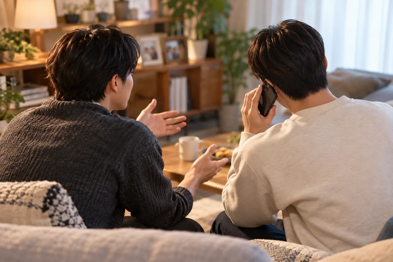 따뜻한 조명의 거실 소파에 뒷모습의 성인 두 명이 앉아 있다. 한 명은 손짓하며 말하고, 다른 한 명은 휴대전화를 귀에 대고 있다.