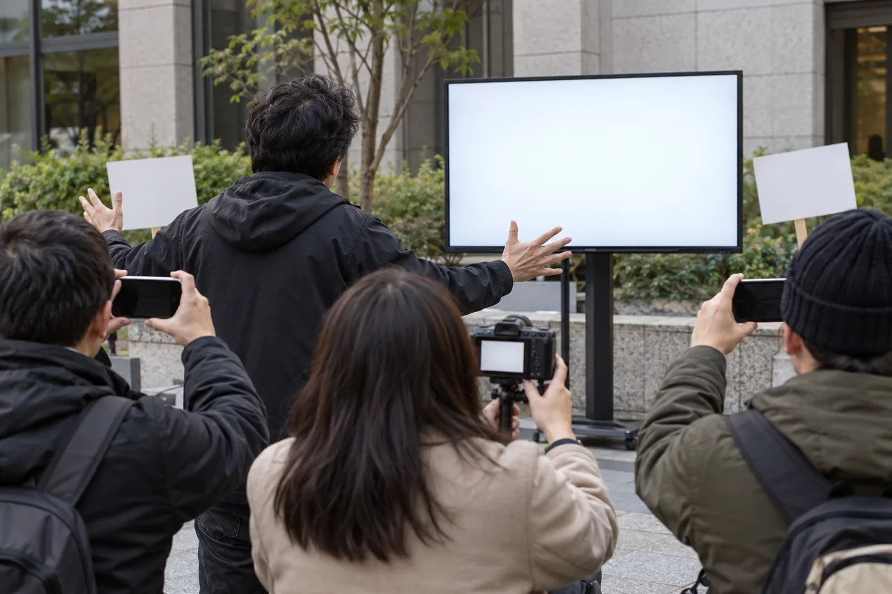 건물 앞에서 뒷모습의 성인들이 빈 손팻말을 들고 대형 빈 화면을 향해 휴대전화와 카메라를 겨누고 있다.