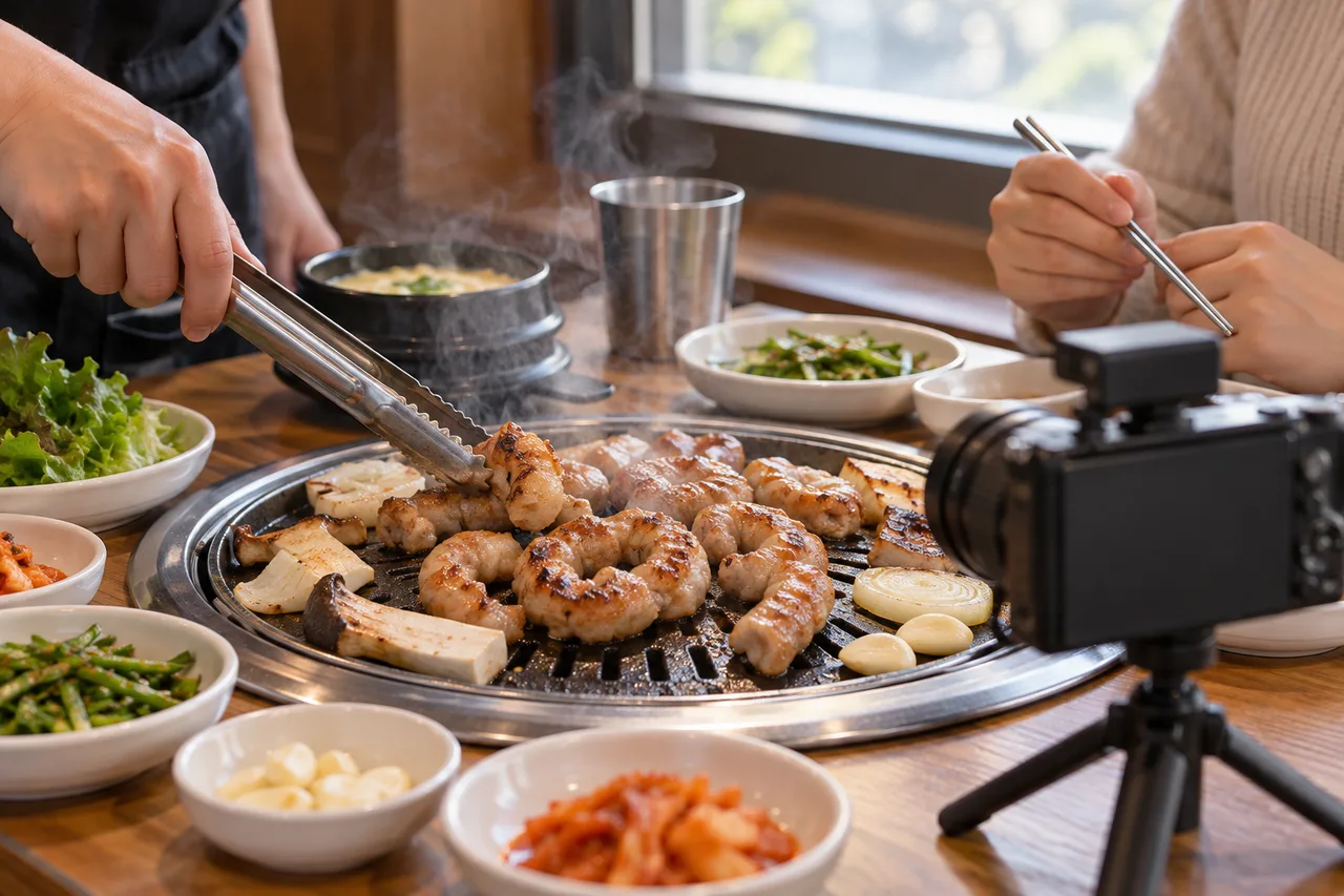 식당 테이블의 불판에서 집게로 구운 음식을 뒤집고, 옆에서 젓가락을 든 사람이 앉아 있다. 작은 삼각대 위 카메라가 식사 장면을 향한다.