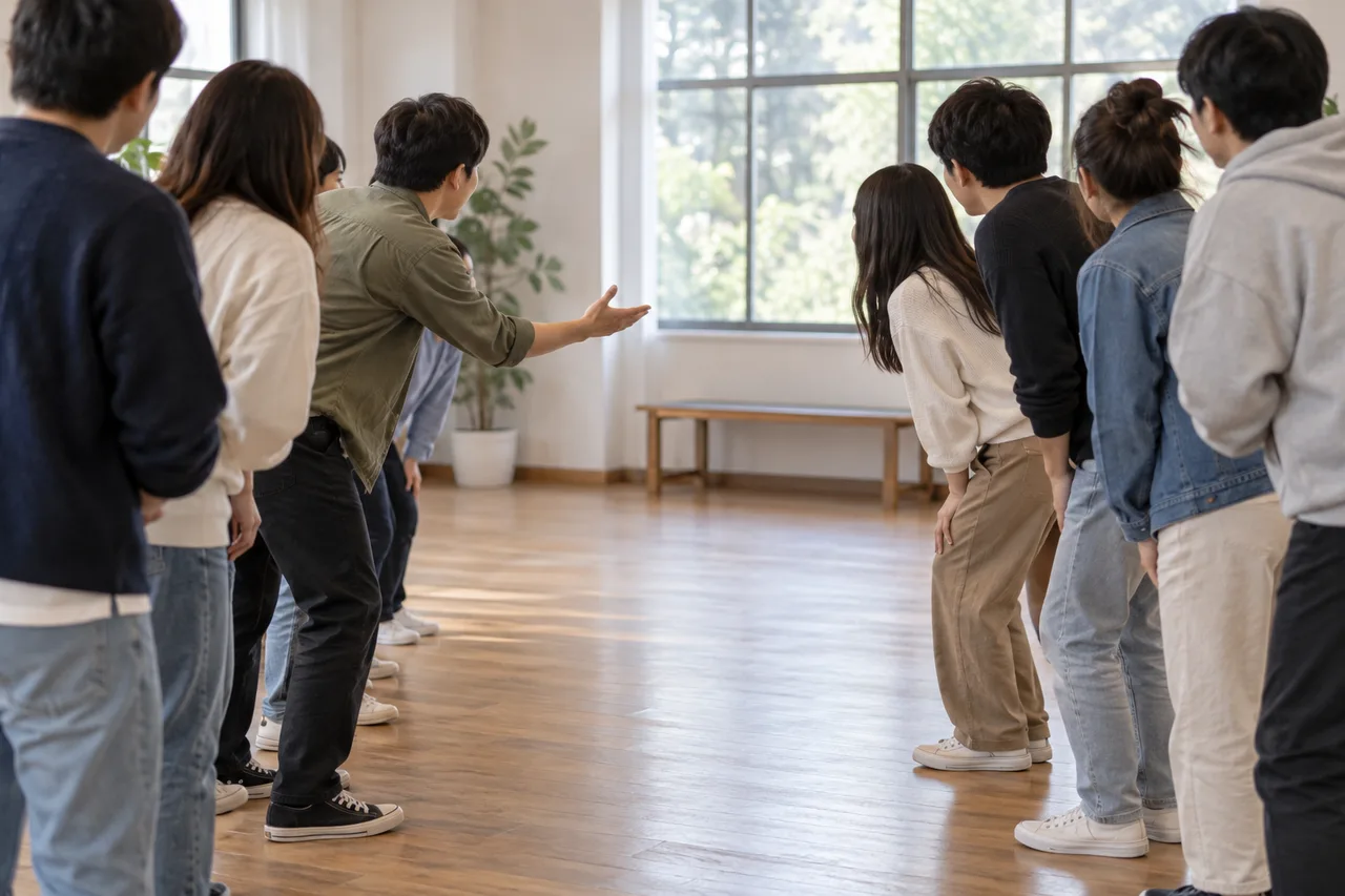 밝은 실내에서 두 줄로 마주 선 익명의 성인들이 한 사람의 손짓을 지켜보는 장면