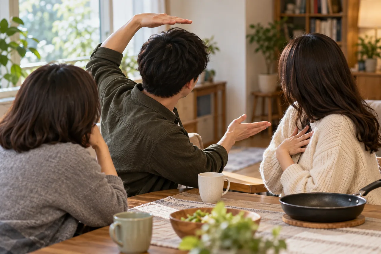 얼굴이 보이지 않는 성인 세 명이 나무 식탁에 앉아 대화하는 듯한 장면이다. 가운데 인물이 머리 위로 손을 들어 높이를 나타내고, 식탁에는 빈 프라이팬과 컵, 그릇이 놓여 있다.