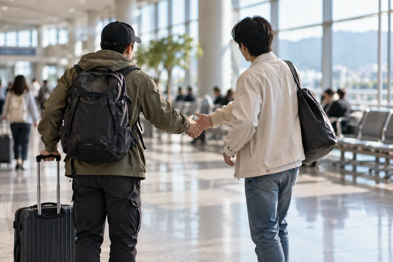 밝은 터미널에서 뒷모습의 성인 두 명이 악수한다. 한 사람은 배낭과 여행 가방을 들고 있다.