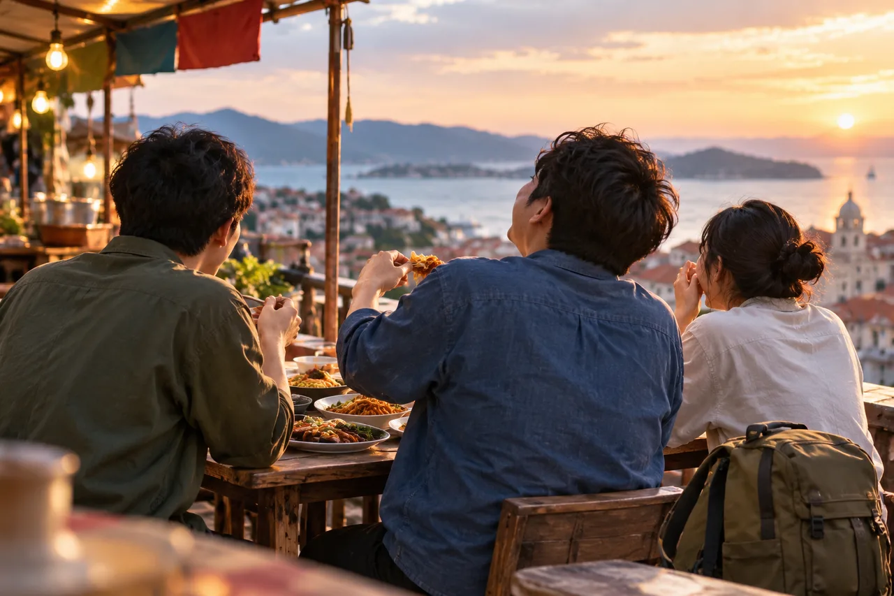 해 질 무렵 바다가 보이는 야외 테라스에서 뒷모습의 성인 세 명이 음식 접시를 앞에 두고 식사하며, 한 명은 음식을 들어 올리고 있다.