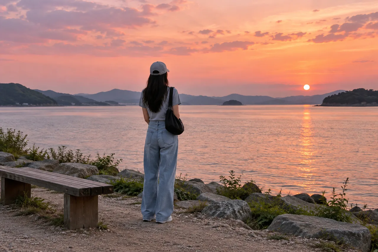 회색 모자와 연청색 바지를 입은 뒷모습의 인물이 나무 벤치 옆 물가에 서서 분홍빛 노을을 바라본다.
